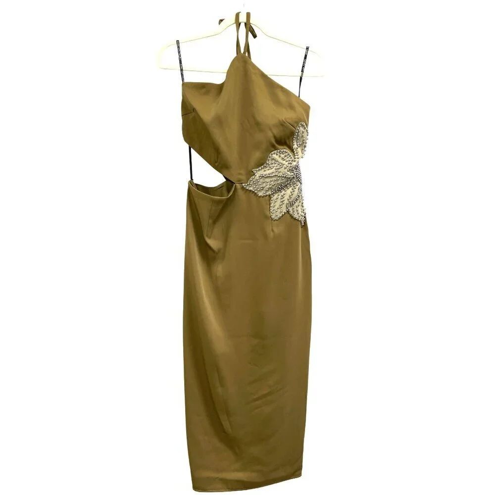 Avec Les Filles Olive Midi Dress Size 6 Beaded Floral Accent Halter Neck Cutout